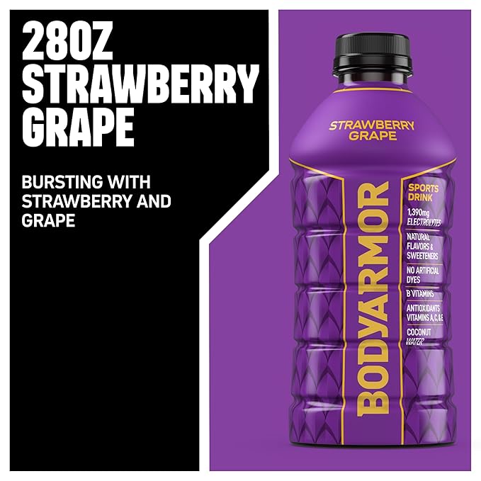 BODYARMOR Sports Drink Strawberry Grape Electrolyte Drink Hydration 28 Fl Oz Bottles (15 Pack) Flavored Coconut Water with B Vitamins &amp Antioxidants