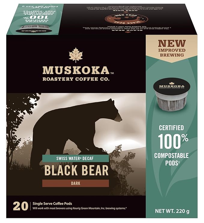Muskoka Roastery Coffee Black Bear Decaf Dark Roast 20 Single Serve Coffee Pods Compatible with K-Cup Keurig Brewers
