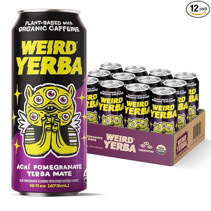 Drink Weird Organic Acai Pomegranate Yerba Mate – 16oz Cans 160mg Organic Caffeine Pack of 12 – Antioxidant-Rich Energy Drink Alternative