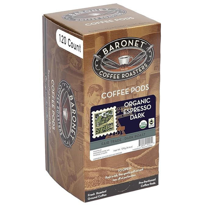 Baronet Coffee Organic ESE Espresso Pods - Espresso Dark Roast - 120 Single Serve Espresso Pods - 7.2 Grams - Individually Wrapped for Freshness - Rich Traditional Flavor
