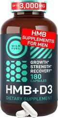 WILD FUEL 3000mg HMB Supplement Plus Vitamin D3 - Muscle Growth Strength Fast Workout Recovery HMB Supplements for Men and Women - Calcium Beta-Hydroxy Beta-Methylbutyrate - 180 Capsules