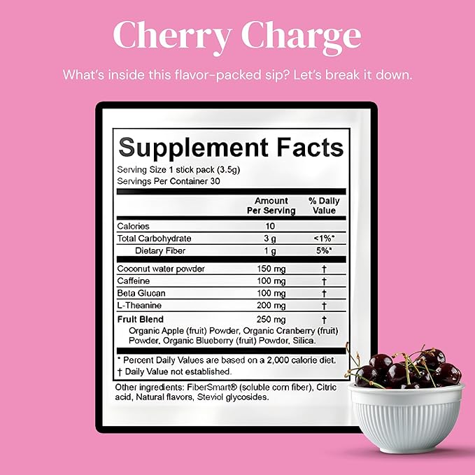 Sips Club Support Sip with Caffeine and L-Theanine Blend - Healthy Drink Mix Powder Packets for Immune &amp Digestive Health - All Natural Ingredients No Added Sugar or Dyes - Cherry Charge (30 Pack