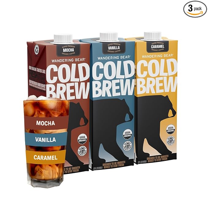Wandering Bear Organic Cold Brew Coffee Variety Pack - Extra Strong Bold Smooth Unsweetened Shelf-Stable Ready to Drink &amp Vegan Iced Cold Brewed Coffee Drink - 32 fl oz (3pk - Vanilla Caram