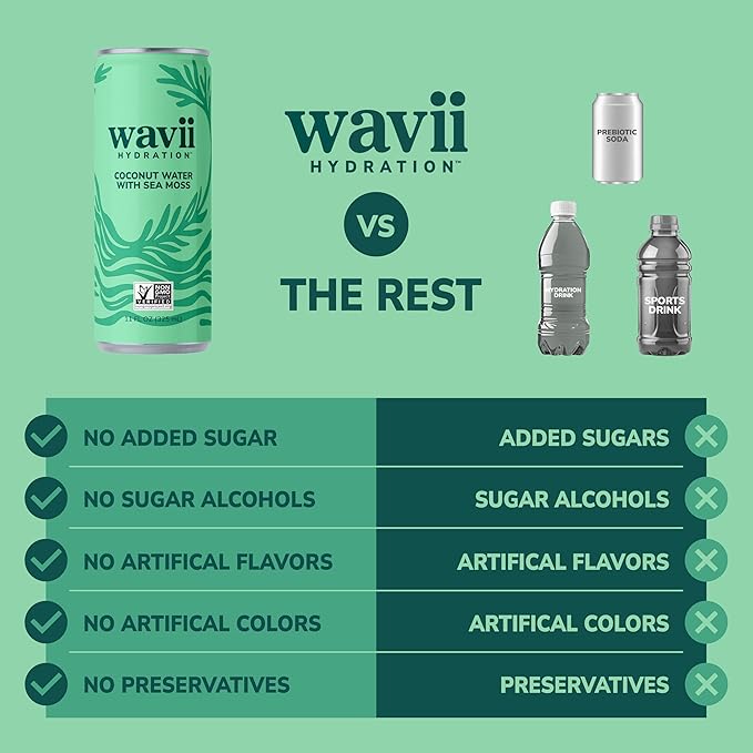 Wavii Hydration Organic Coconut Water with Organic Sea Moss 11 fl oz Cans Pack of 12 – Clean Refreshing Hydration with Naturally Occurring Electrolytes No Added Sugar Non-GMO