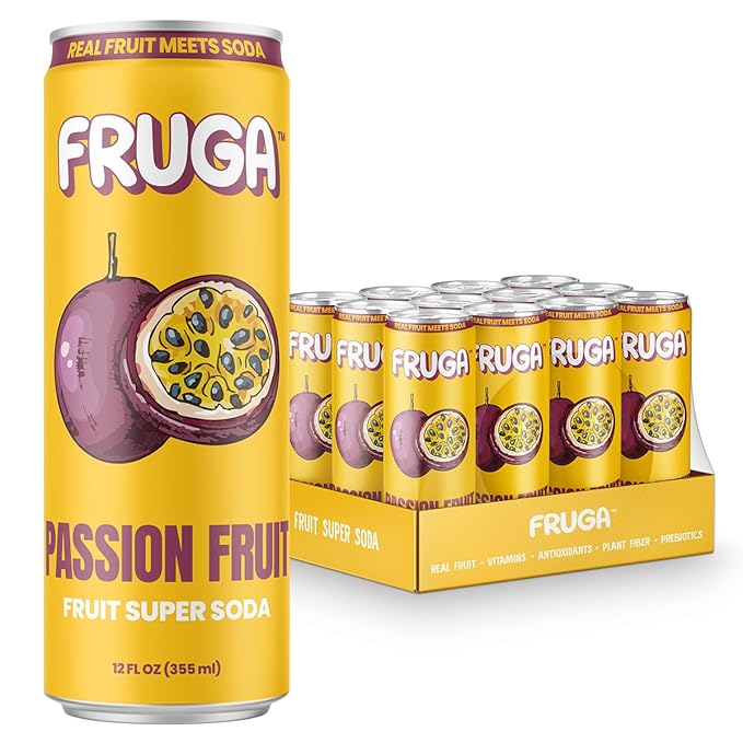 FRUGA Passion Fruit Sparkling Fruit Super Soda Prebiotic Soda Drink Low Calorie Healthy Soda Benefits and Vitamin Boost 12 Fl Oz (Pack of 12)