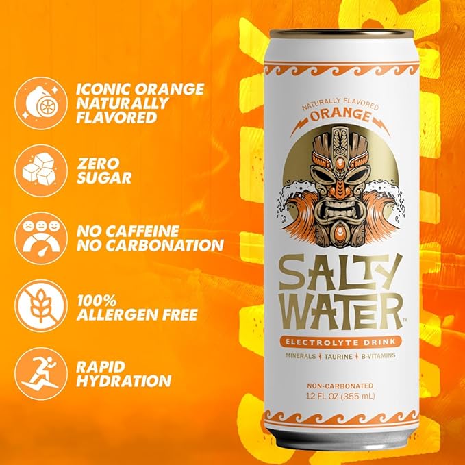 SaltyWater Electrolyte Drink Orange – Zero Sugar Premium Hydration Drink 10 Calories Minerals Taurine B-Vitamins Non-Carbonated - Zero Caffeine Electrolyte Sports Drink - Gluten Free - 12 Pack (