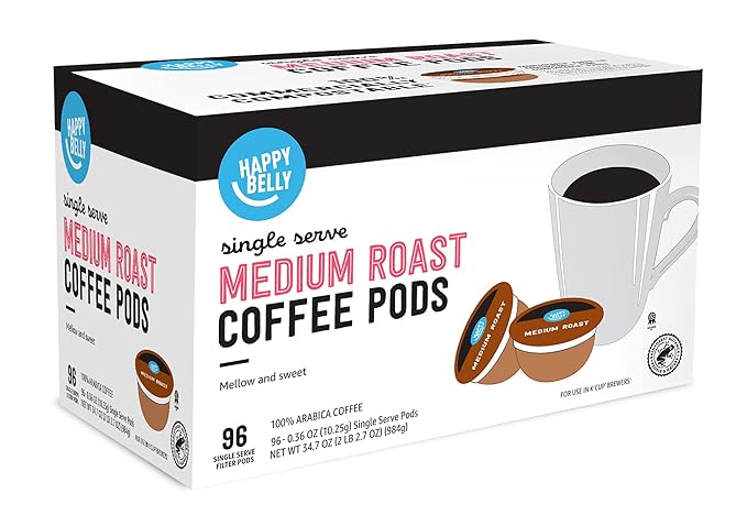 Amazon Brand - Happy Belly Medium Roast Compostable Coffee Pods Compatible with K-Cup Brewer 96 Count