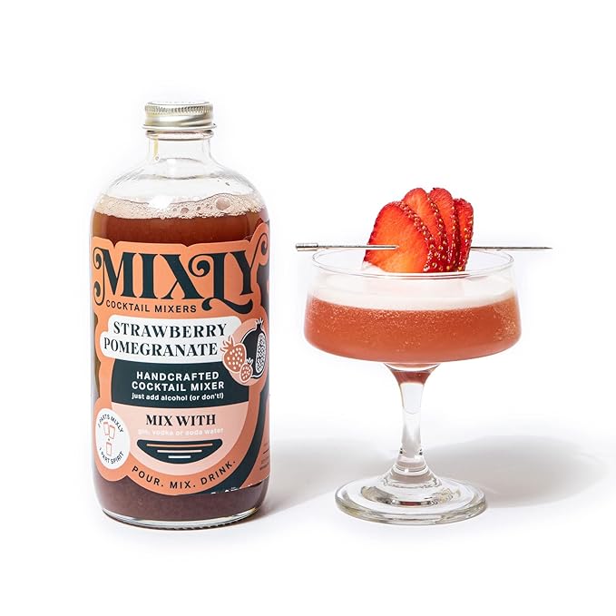 Mixly Strawberry Pomegranate Mixer Made with Fresh Squeezed Juice Ready to Drink Use with Vodka Tequilla Soda Water 16 oz.
