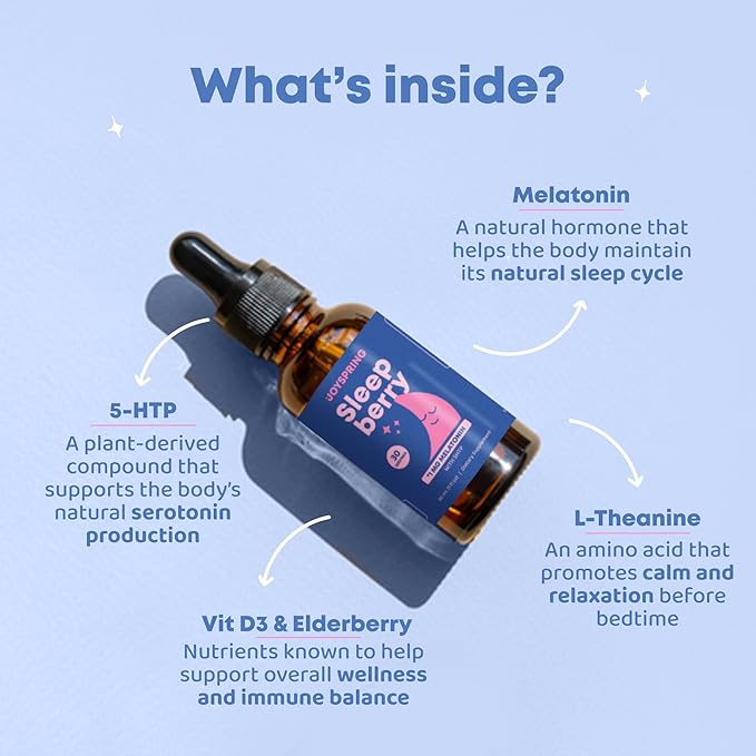 JoySpring Melatonin 1MG for Kids | 5HTP &amp L-Theanine – Sugar-Free Liquid Melatonin for Kids &amp Teens – Child-Friendly Sleep Supplement (1 fl oz)