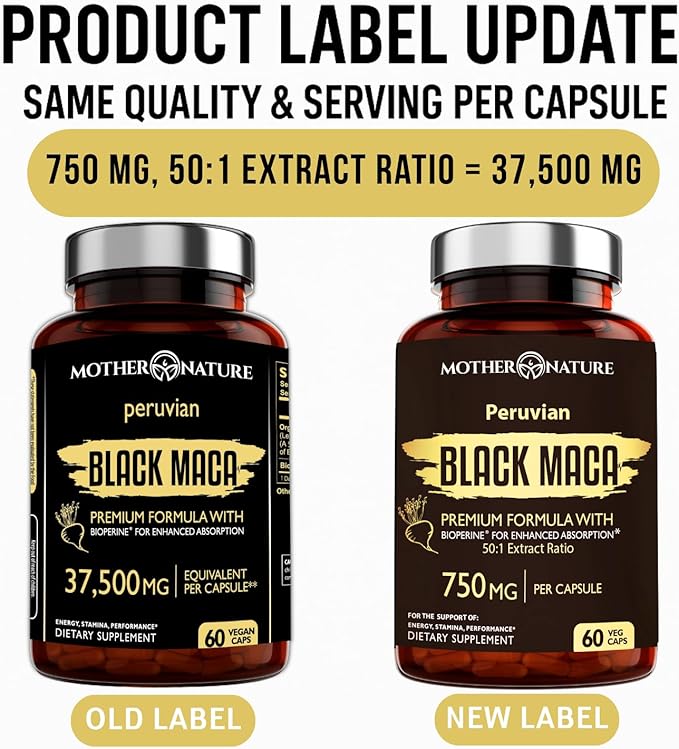 Black Maca Root 50:1 Extract 37500mg – 60 Capsules Organic Peruvian Maca Peruana Supplement for Men | High Potency Energy Mood &amp Performance Support | Vegan Non-GMO