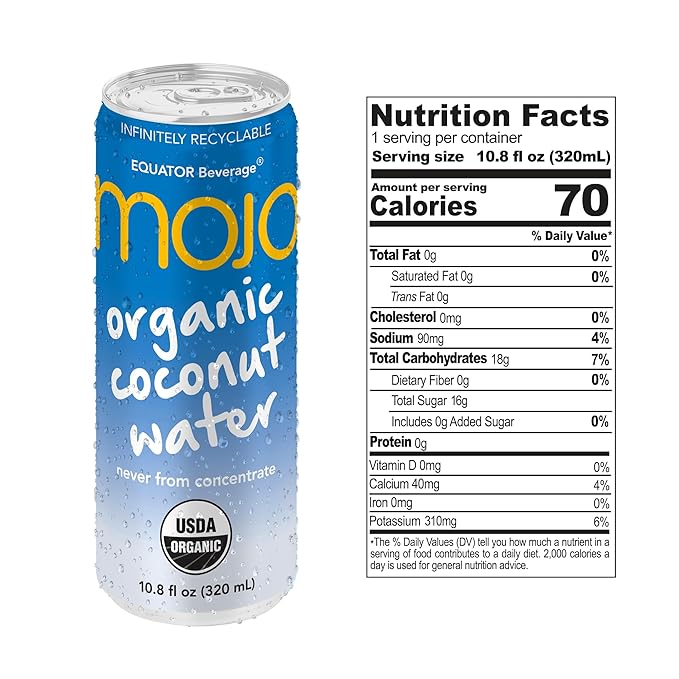 MOJO Organic Coconut Water | Hydration &amp Sports | Electrolytes 1043 mg | Vitamin B &amp C | Super Hydration for Skin &amp Body | 11.1 Oz (Pack Of 12)