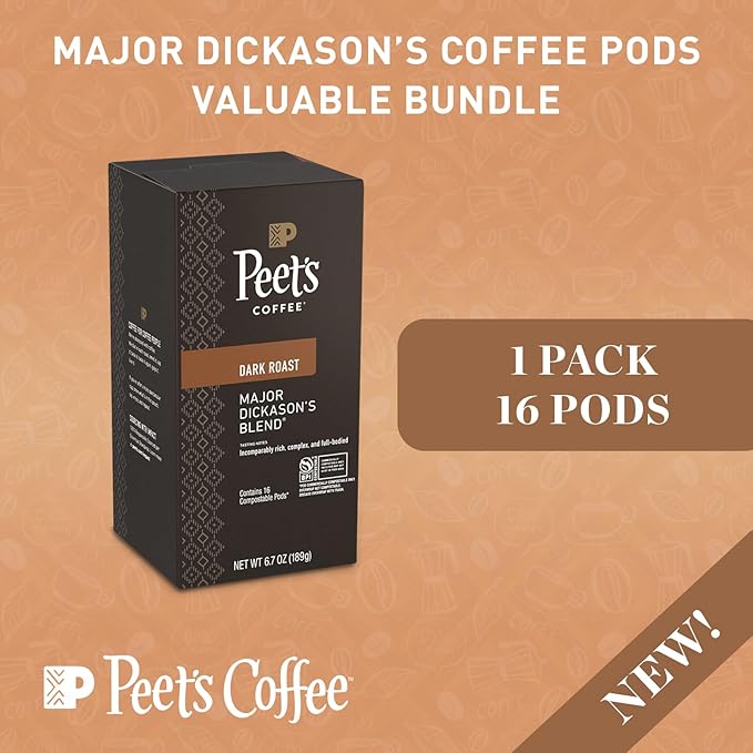 Peet’s Major Dickason’s Coffee Pods – 16 Count (1 Pack) – Dark Roast with Bold Rich Flavor and Smooth Finish – Compatible with Pelecom Coffee Machines – Peet’s Coffee Pods &amp Capsules