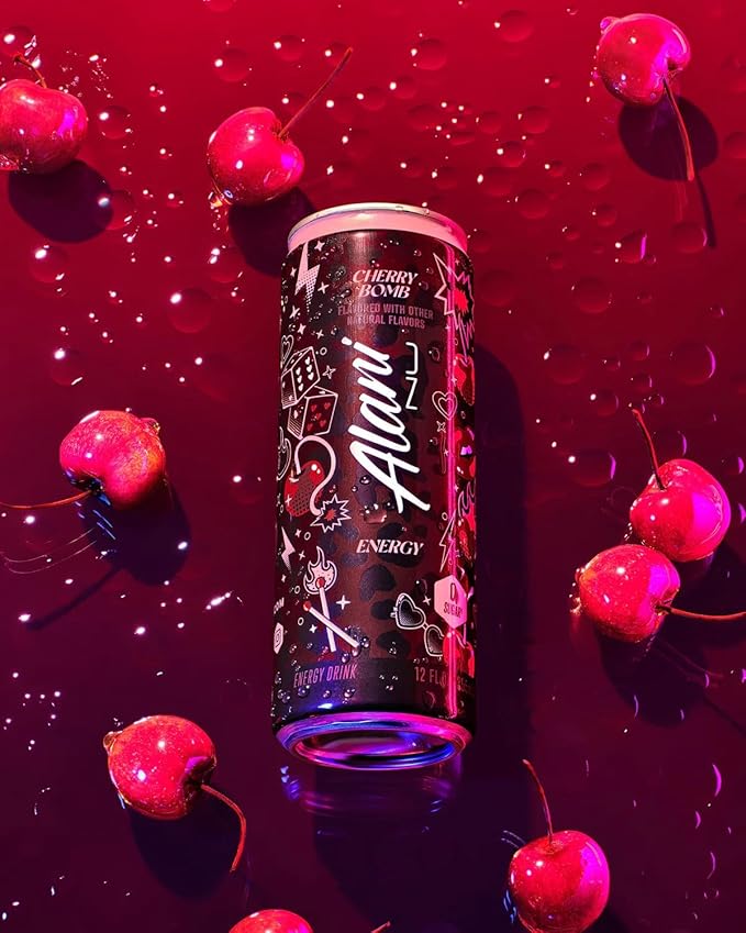 Alani Cherry Bomb &amp Cotton Candy Energy Drink Sugar Free Low Calorie Energy Drinks 12 fl oz Cans (Pack of 8)