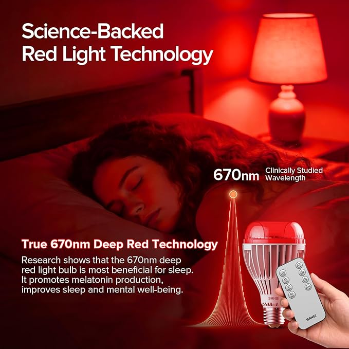 SANSI 670nm Red Light Bulb for Sleep Therapy with Remote Timer Dimmable Zero Blue Light for Melatonin Promoting Dual Mode Natural Sleep Aid &amp 3000K Reading Light 25W A21 E26 Red Light for Bedr