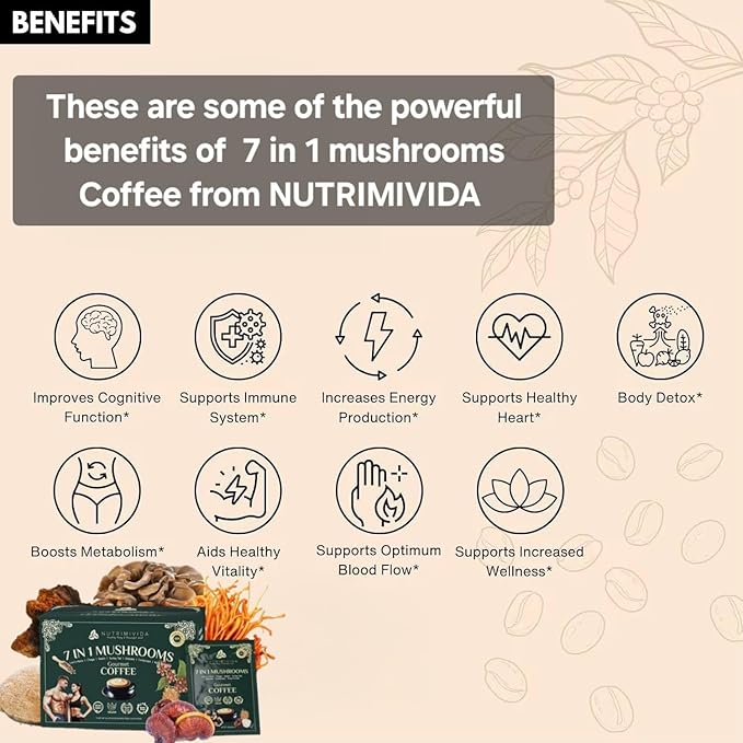 7 in 1 Mushrooms Gourmet Coffee | Non-GMO Gluten-Free Nut-Free Vegan (15-Sachets 0.64 oz Each)