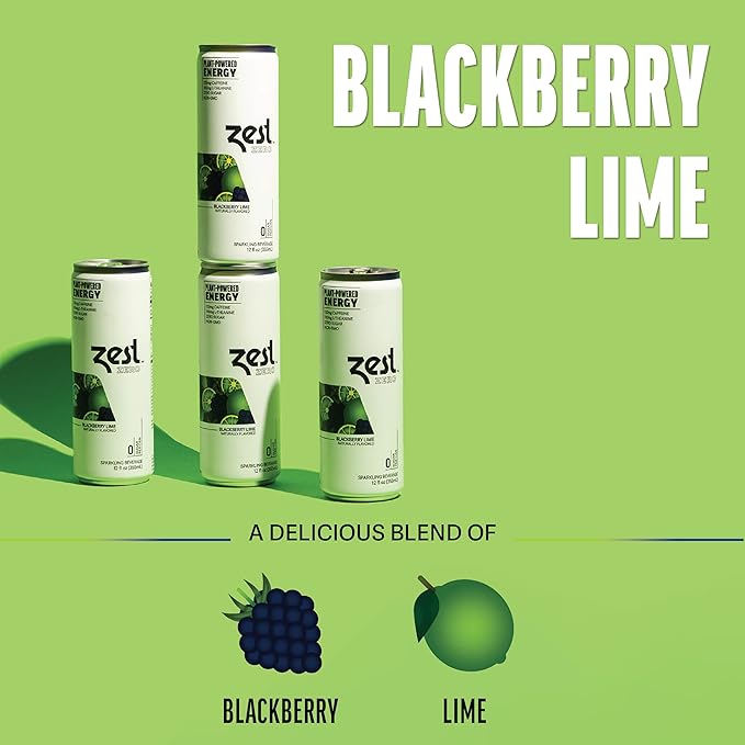 Zest Clean Energy Drink – Blackberry Lime – Zero Sugar 0 Calories – 120mg Caffeine + 100mg L-Theanine for Focus Energy &amp Concentration – Healthy Zero Sugar Energy Drink – 12oz Can 12 Pack