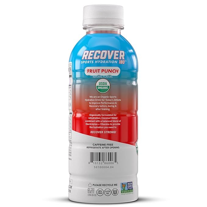 RECOVER 180 Organic Sports Hydration Drink No Sugar Added 20 Calorie Sports Beverage Organic Flavors With Vitamins Potassium-Packed Electrolytes (16.9 Fl Oz (Pack of 12) Fruit Punch)