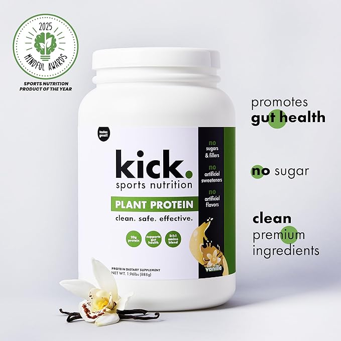 Kick Plant Protein Powder Vanilla Flavor 20 G Protein Gluten Free Workout Supplement with Aminos Acids to Support Fitness Goals &amp Gut Health No Sugar No Artificial Flavors 28 Servings