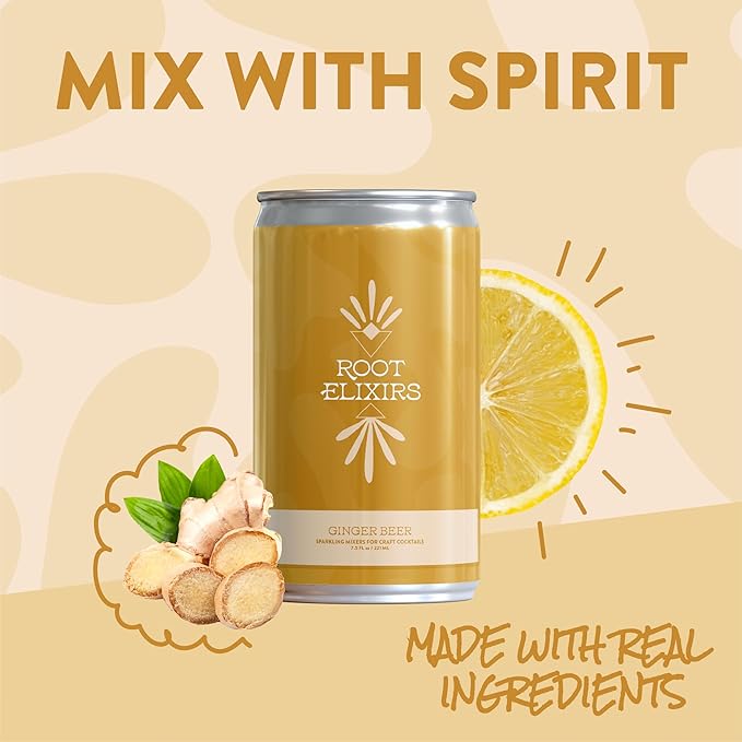 Root Elixirs Ginger Beer Sparkling Mixer for Craft Cocktails or Mocktails | All Natural Zero Proof Fresh Citrus No Artificial Sweeteners 7.5 FL oz (Pack of 8)