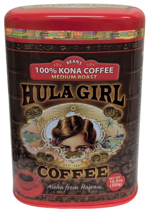 HULA GIRL 100% KONA Roasted Arabica Whole Bean Coffee Medium Roast Net Wt. 10.5 Ounce (0.66Lb) 300 Grams Collector Tin