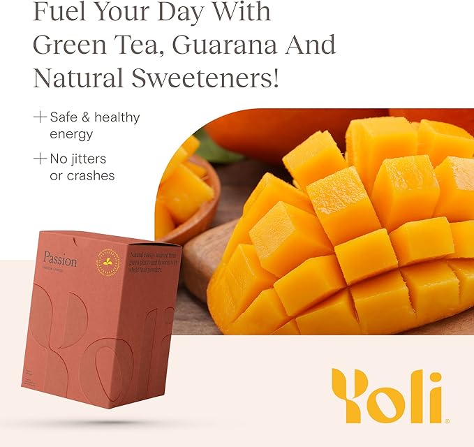 Yoli Passion Energy Drink Powder Mix - Natural Energy Drink Mix for Endurance and Stamina 30 Packets - Peach Mango Flavor