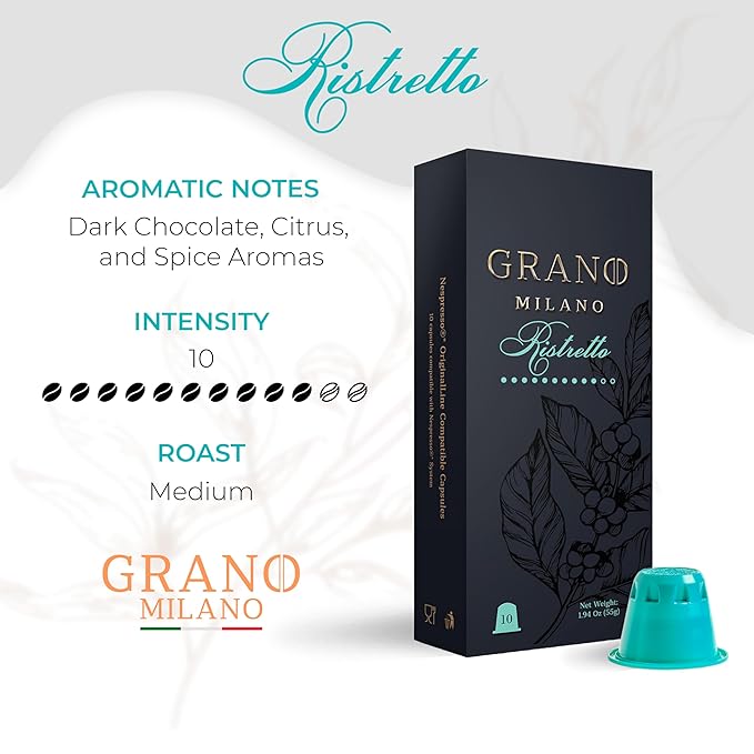 Grano Milano Ristretto - 50 Espresso Pods Compatible with Nespresso Original line Medium Roast - Intensity 10/12 Espresso Coffee Capsules Made in Italy