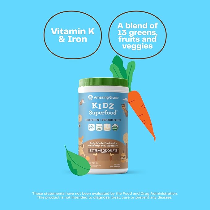 Amazing Grass Kidz Superfood: Vegan Protein &amp Probiotics for Kids with Beet Root Powder &amp 1/2 Cup of Leafy Greens Extreme Chocolate 15 Servings