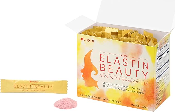 Umeken Elastin Beauty Powder Supplement with Collagen Peptides Hyaluronic Acid Vitamin C and Mangosteen Fruit Women’s Health and Wellness 2 Month Supply 120 Packets
