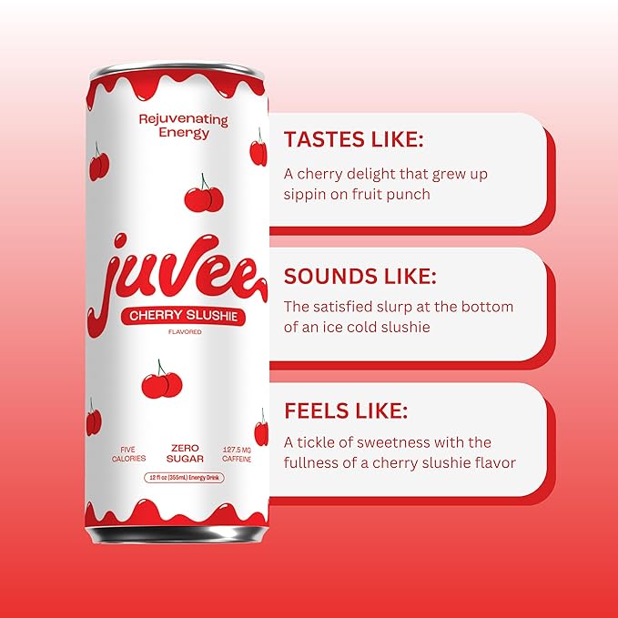 Juvee Rejuvenating Energy Drink – Sugar Free Cherry Slushie Flavor 12 oz Cans (12-Pack) – 128mg Natural Caffeine Zero Sugar Low Calorie Clean Energy &amp Focus Booster for Daily Use