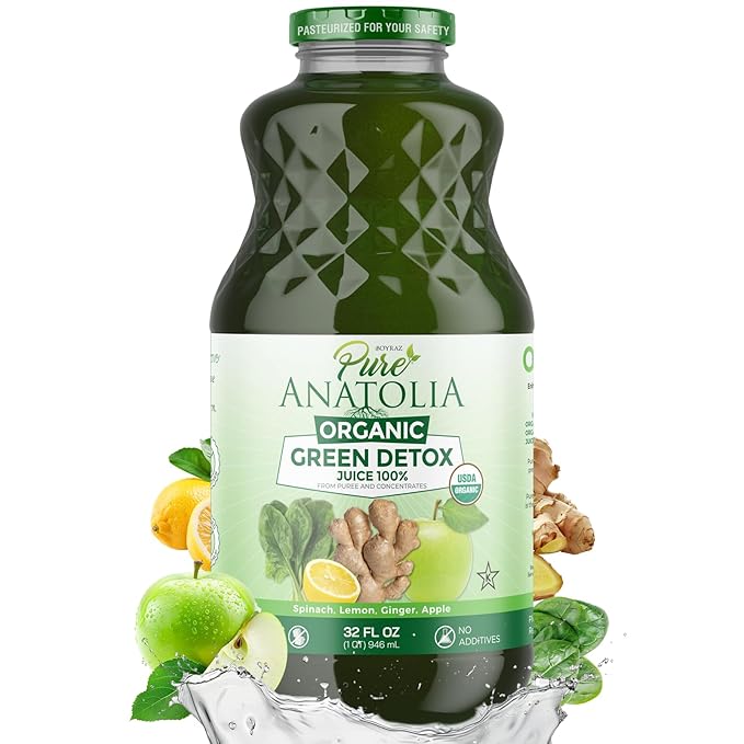Organic Green Detox Juice by Pure Anatolia Apple Spinach Lemon Ginger mix juice USDA Organic Fruit and Vegetables Juice Vegan No added Sugar Pack of 6
