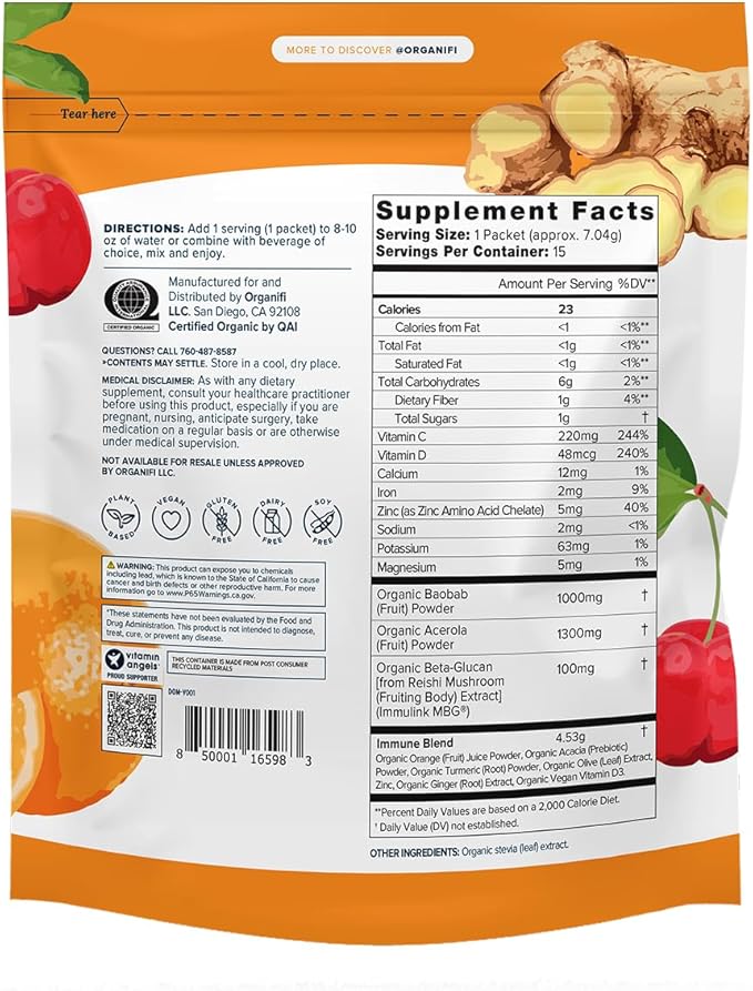 Organifi Immunity - Organic Superfood Immunity Support - 15 Single Serve Packets - Immunity Powder for T Cell Production and Upper Respiratory Health - Mushroom Beta Glucans Vitamin C D and Zinc