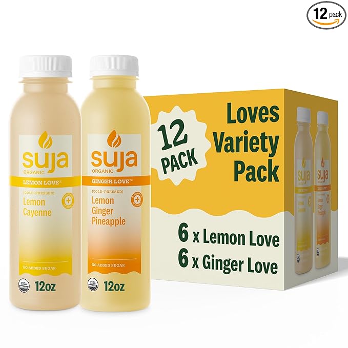 Suja Organic Cold-Pressed Love Juice Variety Pack Excellent Source of Vitamin C for Immunity Support Vegan Plant-Based &amp USDA Certified | 6 Ginger Love| 6 Lemon Love (12 fl oz Pack of 12 total