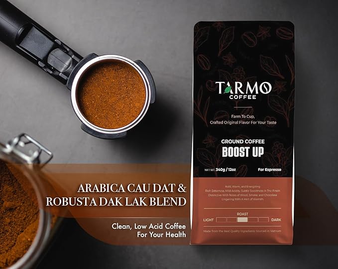 Tarmo Coffee | Low Acid Ground Coffee | 100% Arabica (REAL BREW) and Arabica &amp Robusta Blend (BOOST UP) | Specialty Vietnamese Coffee|12 Oz Bag