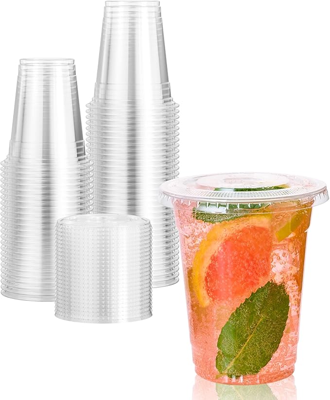 Vplus 200 Pack 12 OZ PET Clear Plastic Cups with Lids 12 OZ Crystal Cold Disposable Drinking Plastic Cups with Flat Lids Perfect for Ice Coffee Smoothie Juice