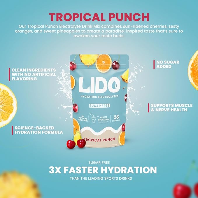 LIDO Tropical Punch Electrolyte Powder Packets — Clean Zero-Sugar Hydration Drink Mix with Balanced Sodium for Fast Replenishment — Vegan Paleo &amp Fasting Friendly — 28 Sticks