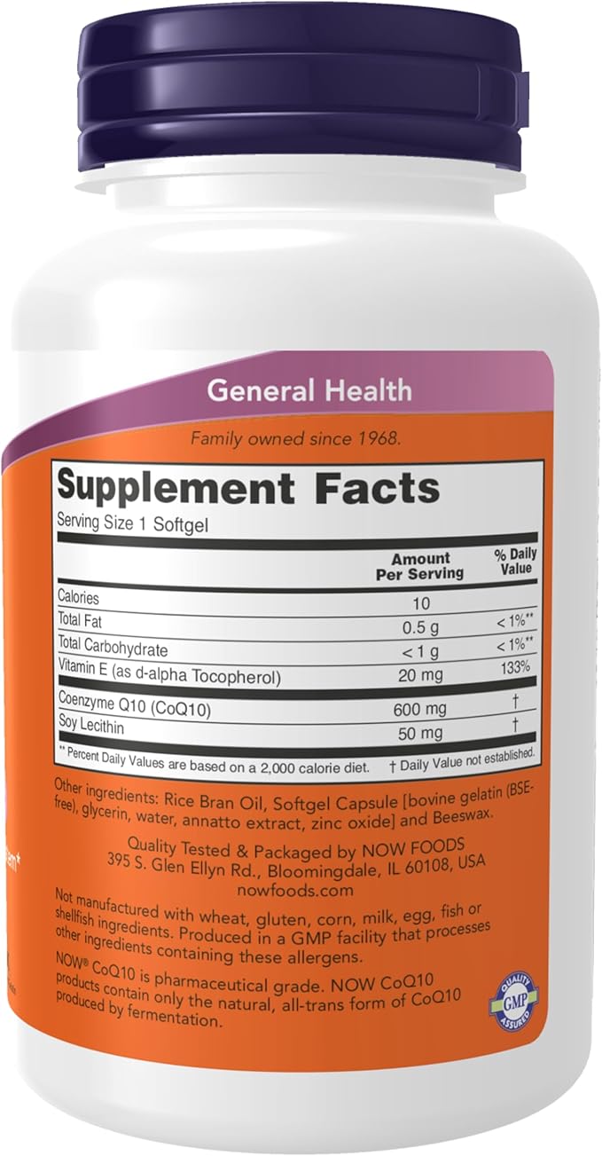 NOW Foods Supplements CoQ10 600 mg Maximum Strength with Vitamin E &amp Lecithin 60 Softgels