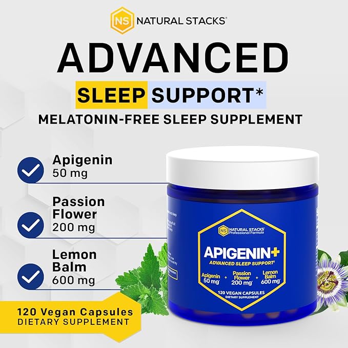 NATURAL STACKS Apigenin Supplement for Sleep - 50mg Apigenin &amp 600mg Lemon Balm - Melatonin Free Sleep Aid - with Passion Flower Extract for Stress Support* - 120 Lemon Balm Capsules