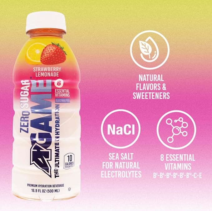 A-Game Zero Sugar Sports Drink Strawberry Lemonade Zero Sugar Free Hydration Sports Beverage 8 Vitamins Plus Electrolytes Natural Flavors Gluten Free &amp Keto Friendly 16.9 Fl Oz (Pack of 12)