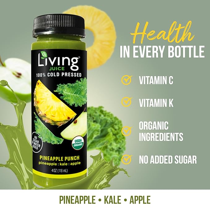 O2 Living Juice Cold Pressed Drink - Pineapple Punch Organic Juice Pack - No Added Sugars or Water Naturally Sweetened from Fruits Rich in Nutrients &amp Vitamins - Non-GMO - 4 fl oz - 8 Pack