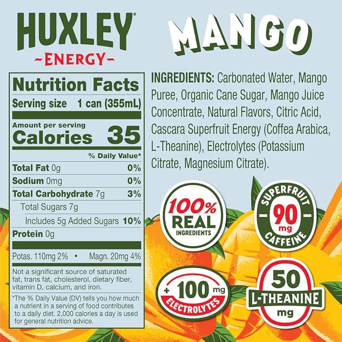 Huxley Superfruit Energy Drink Mango 90mg Natural Caffeine Electrolytes for Hydration 100% Real Ingredients 5g Organic Cane Sugar No Artificial Sweeteners or Flavors L-theanine for Sustained En