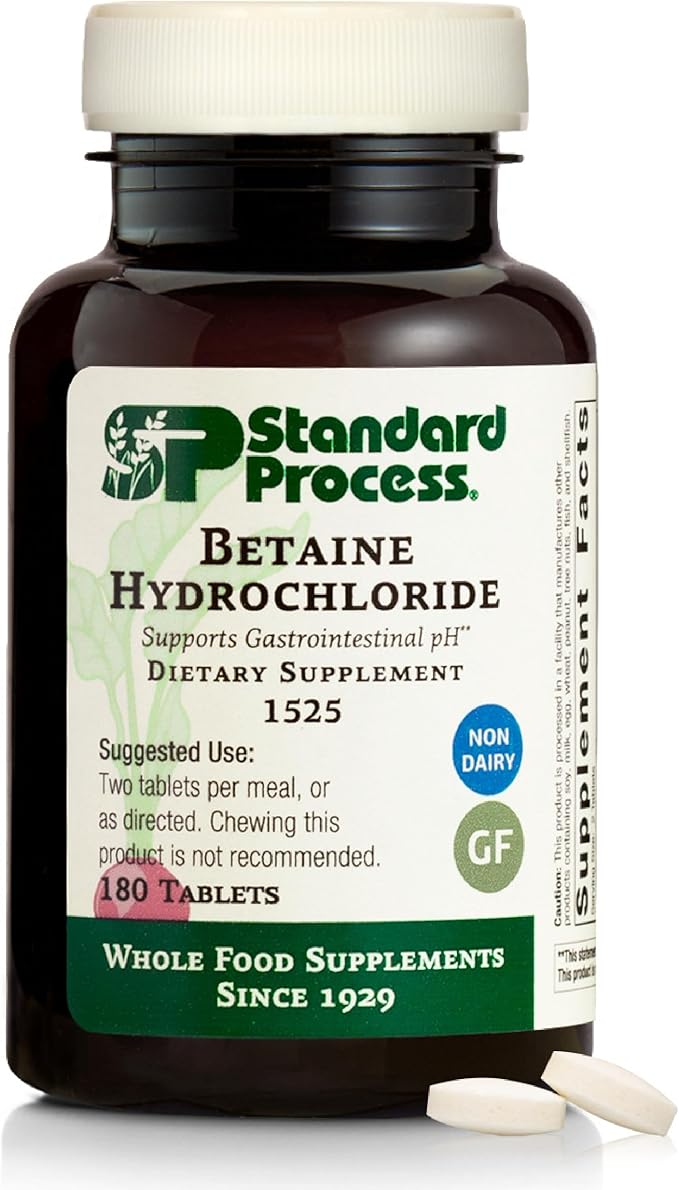 Standard Process Betaine Hydrochloride - Supplement for Gastrointestinal pH Support - Supports Digestive Health &amp Iron Absorption - Gluten-Free Non-Dairy &amp Non-Soy - 180 Tablets (90 Servings)