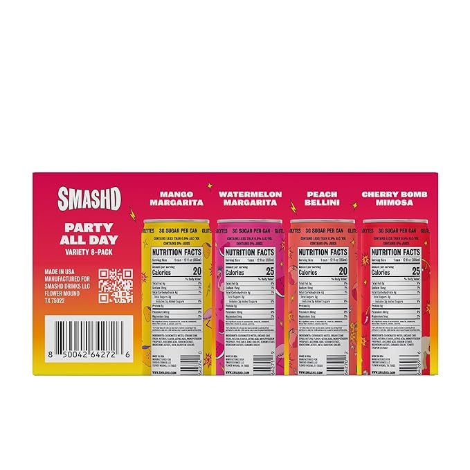 SMASHD Party All Day Non-Alcoholic Cocktail Variety Pack 8 x 12 fl oz Cans | Ready-to-Drink Mocktails | Low Calorie Low Sugar Low Carb | 45 Calories per Can | Gluten Free with Electrolytes