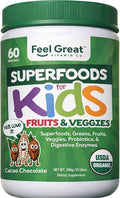 Feel Great USDA Organic Super Greens Powder for Kids - Cocao Chocolate | Fruit &amp Veggie Supplement | Superfood Powder with Probiotics &amp Digestive Enzymes for Digestive Health | 60 Days Supply