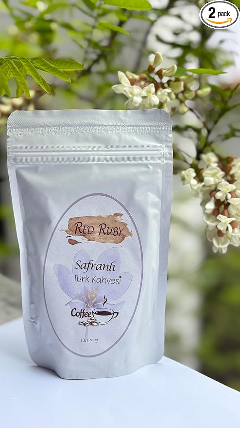 Red Ruby Saffron Turkish Coffee – 100g (Pack of 2) – Premium Ground Turkish Coffee Infused with Natural Saffron – Rich Aromatic Authentic Middle Eastern Blend