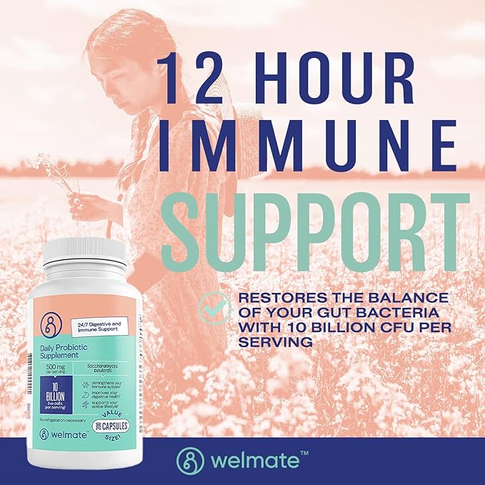 WELMATE - Daily Probiotic Supplement (200 Capsules) Saccharomyces Boulardii 500mg - 24/7 Digestive Support Immune Support - 10 Billion CFU - Over-The-Counter Medication - Vegan Gluten Free Non GMO