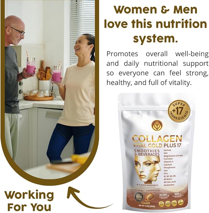Vital Life Collagen Peptides Powder - Hydrolyzed Collagen with +17 Super Ingredients 1 lb Cocoa Flavor Supplement for Healthy Hair Skin Nails Bones Joints Collagen for Women &amp Men.