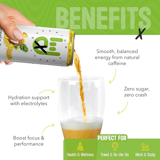 Superior Energy Electrolytes Drink Zero Calories – Energy Drink Zero Sugar – Pineapple Coconut Flavor 90mg Natural Caffeine – Pack of 12 (12 fl oz each)