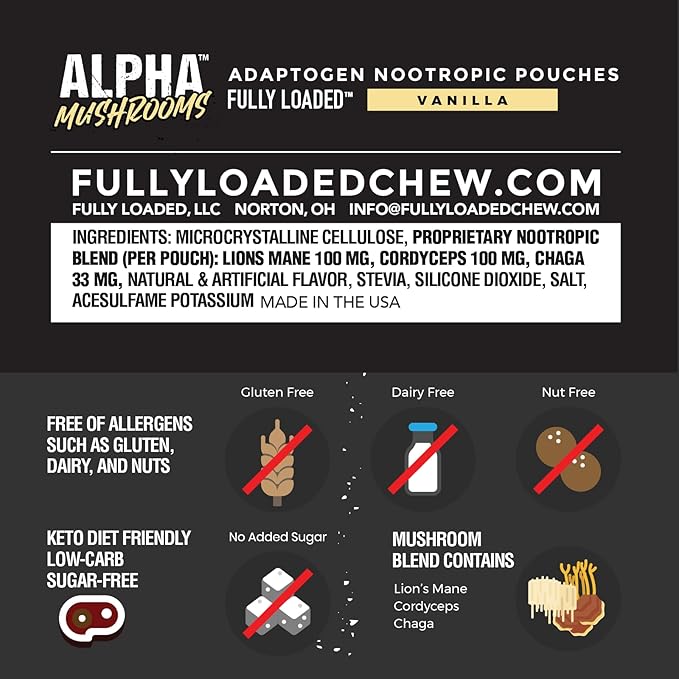 Fully Loaded Alpha Mushrooms - Adaptogen Nootropic Pouches (5-Pack Mint) - - Lion's Mane Cordyceps &amp Chaga - 5 cans 15 Pouches per can - Functional Mushrooms - Made in The USA