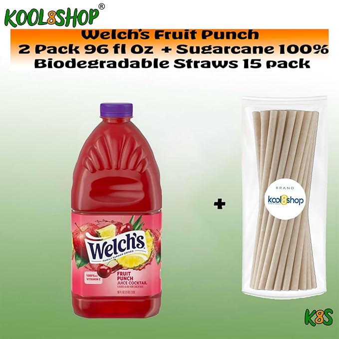 Welch's Fruit Punch Juice Drink 96 fl oz Plastic Bottle 2 Pack + 15 Sugarcane Disposable Straws by KOOL8SHOP Infinite Deals