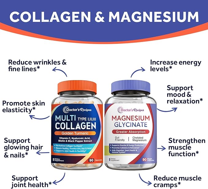 Doctor's Recipes Multi Collagen Complex &amp Magnesium Glycinate Bundle Whole Body Rejuvenation Relax &amp Relief Collagen Capsules 90 ct &amp Magnesium Capsules 90 ct